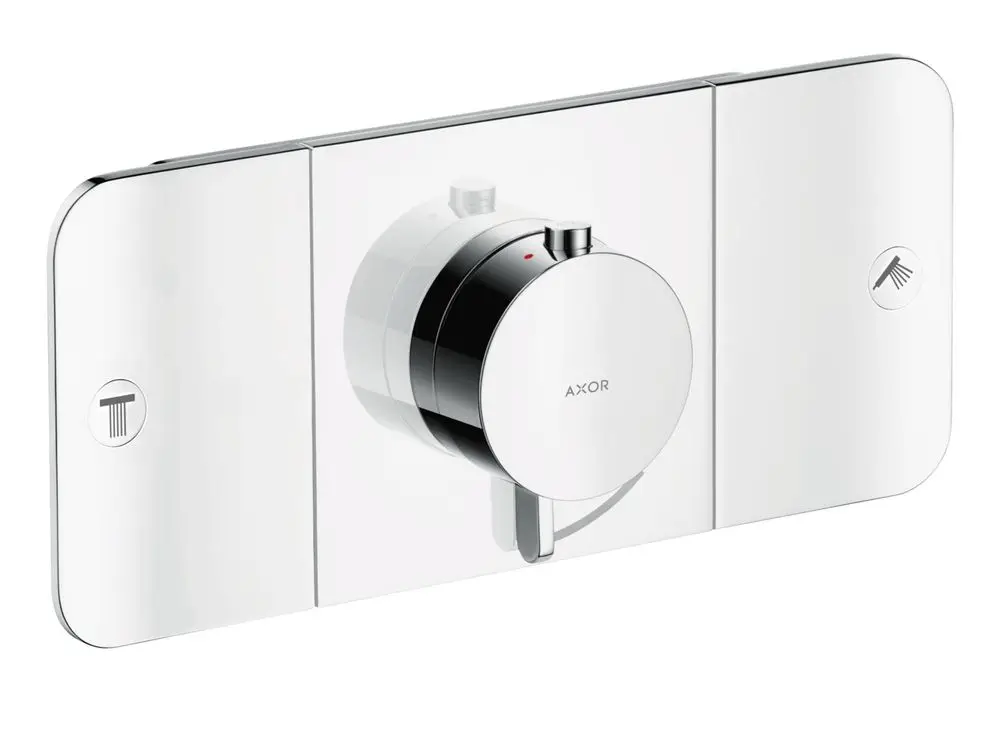 Thermostatmodul in Edelstahloptik mit kreisförmigem Bedienknopf. Links und rechts sind Symbole für Temperatur- und Duschregulierung sichtbar. Marke: AXOR.
